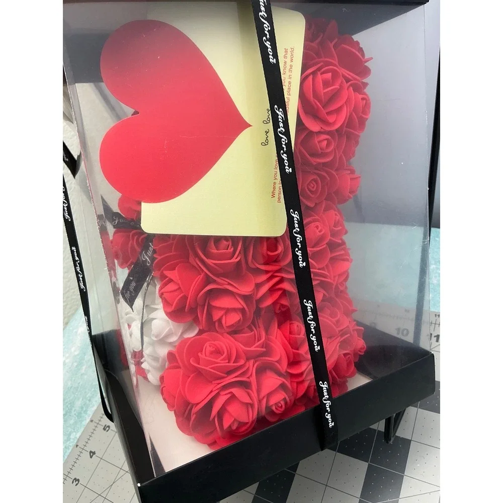 Red White Artificial Rose Bear 10in Gift Boxed for Valentine Anniversary Mom